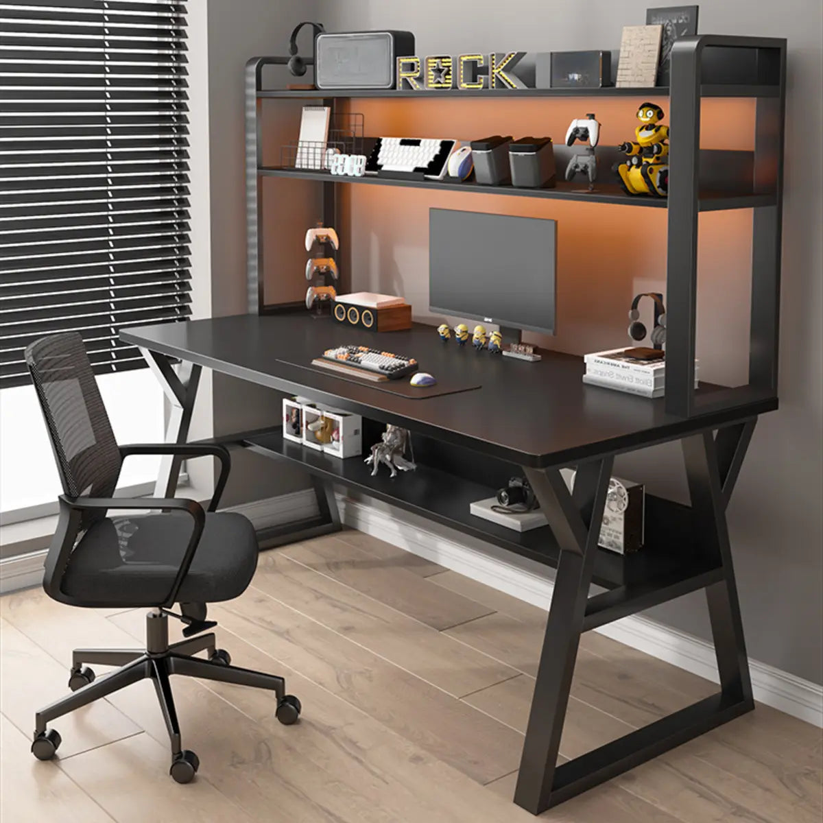Nut-Brown Wood Computer Desk with Hutch Exterior Shelf Image - 6