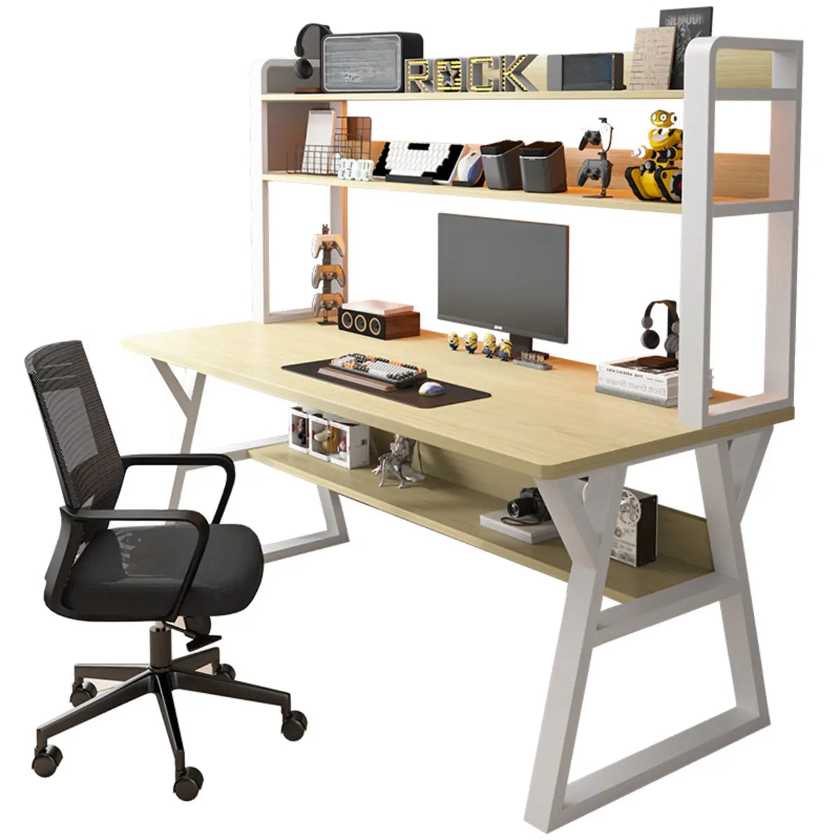 Nut-Brown Wood Computer Desk with Hutch Exterior Shelf Image - 9