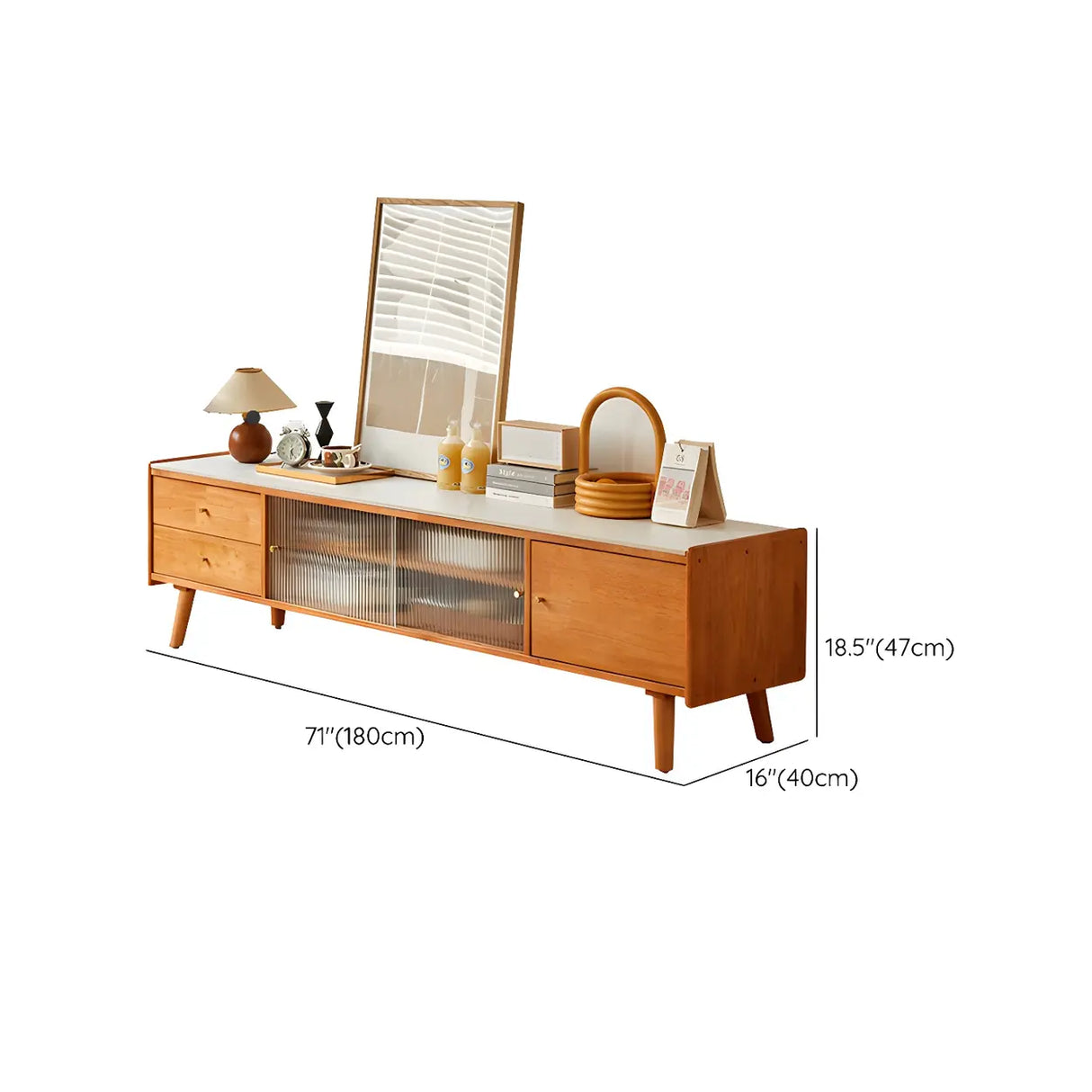 Nut-Brown Wood Drawers Open Storage TV Stand with Legs Image - 17