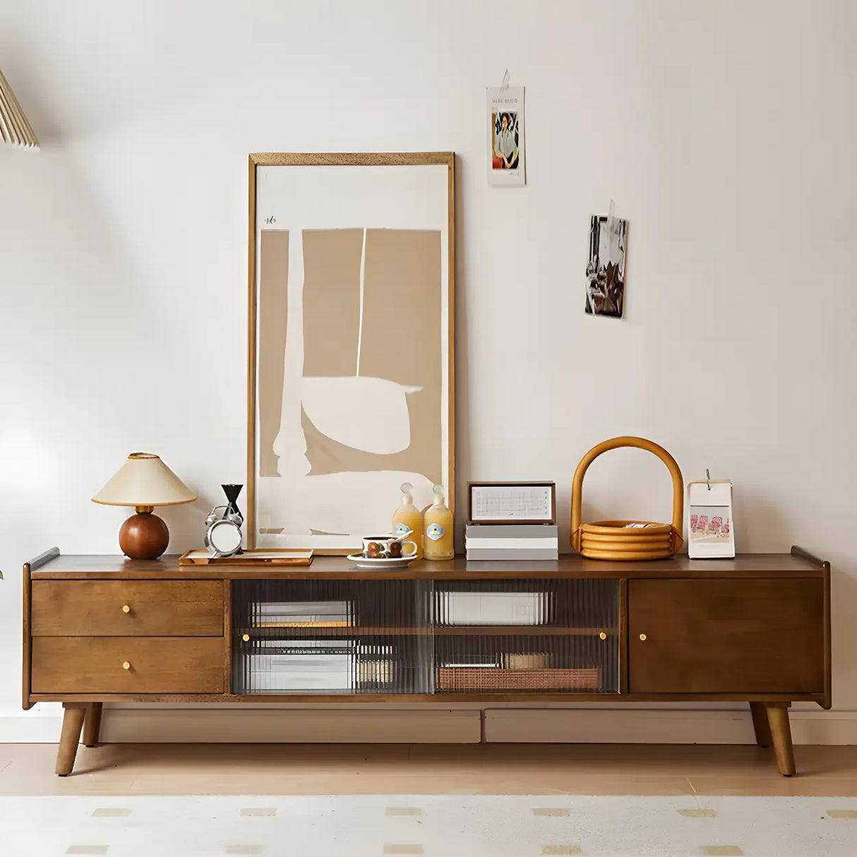 Nut-Brown Wood Drawers Open Storage TV Stand with Legs Image - 1