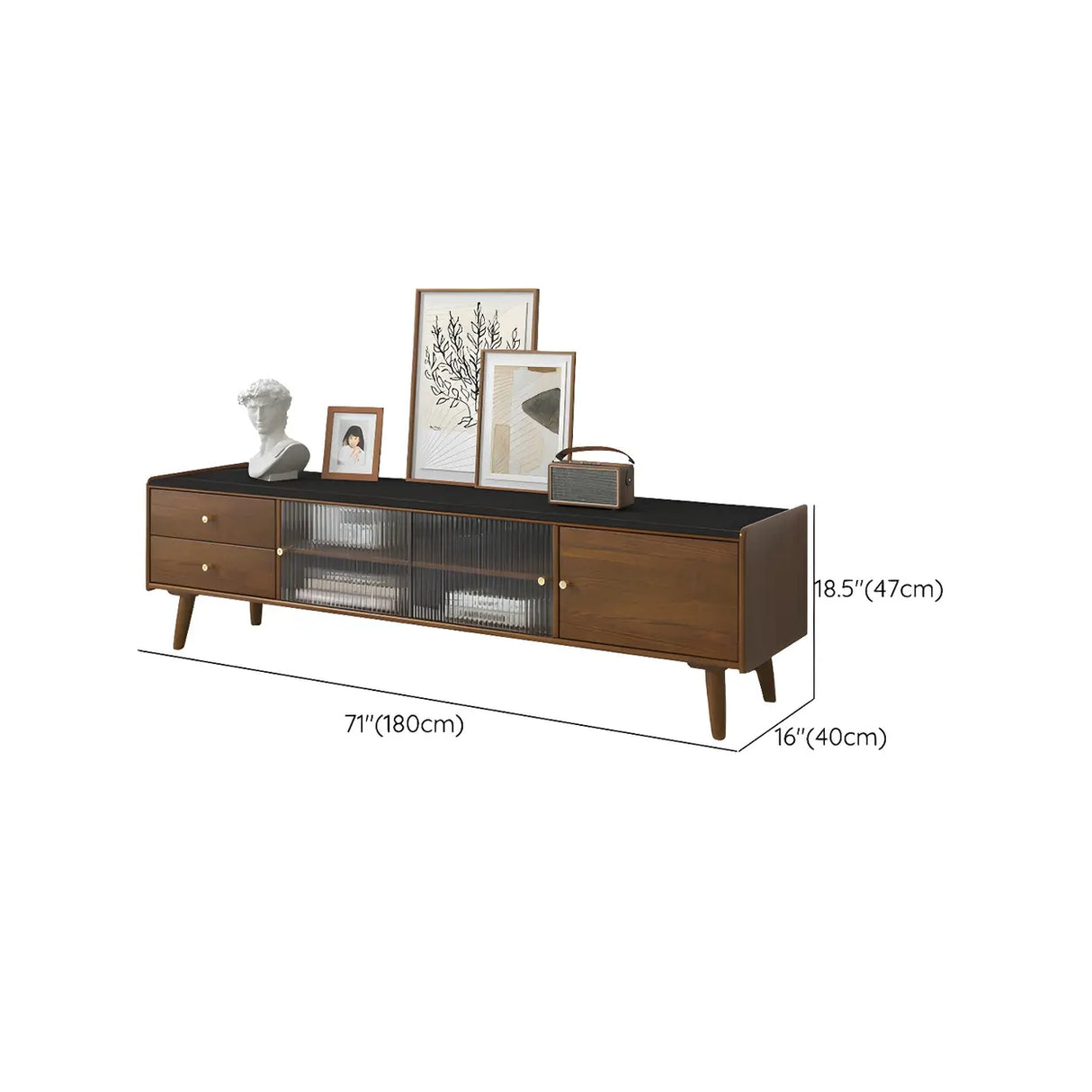 Nut-Brown Wood Drawers Open Storage TV Stand with Legs Image - 20