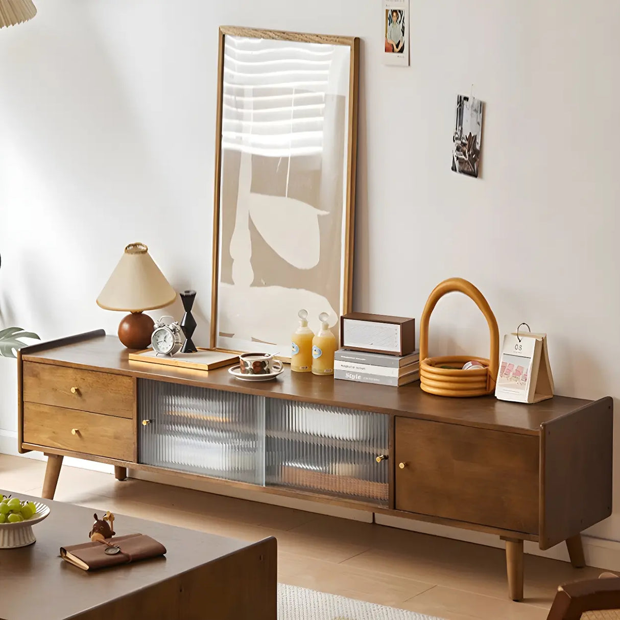 Nut-Brown Wood Drawers Open Storage TV Stand with Legs Image - 2