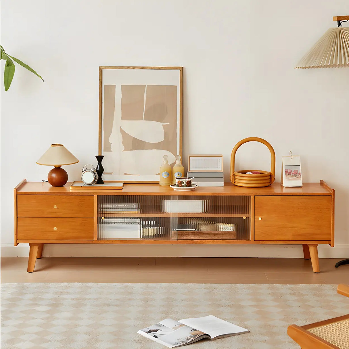 Nut-Brown Wood Drawers Open Storage TV Stand with Legs Image - 3