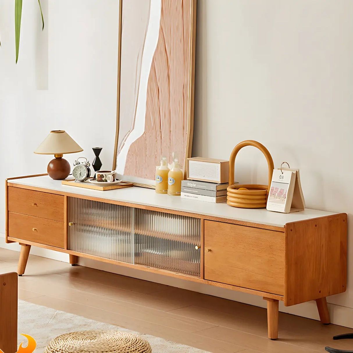 Nut-Brown Wood Drawers Open Storage TV Stand with Legs Image - 4