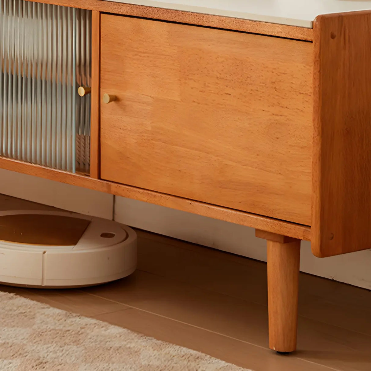 Nut-Brown Wood Drawers Open Storage TV Stand with Legs Image - 6