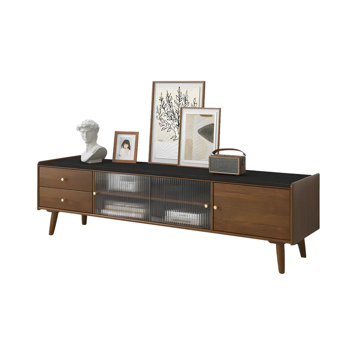 Nut-Brown Wood Drawers Open Storage TV Stand with Legs Image - 7
