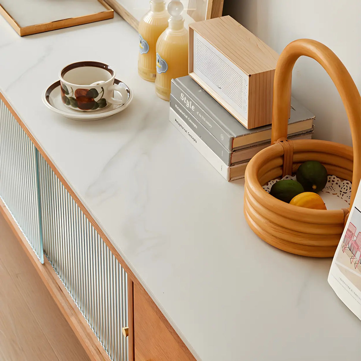 Nut-Brown Wood Drawers Open Storage TV Stand with Legs Image - 8