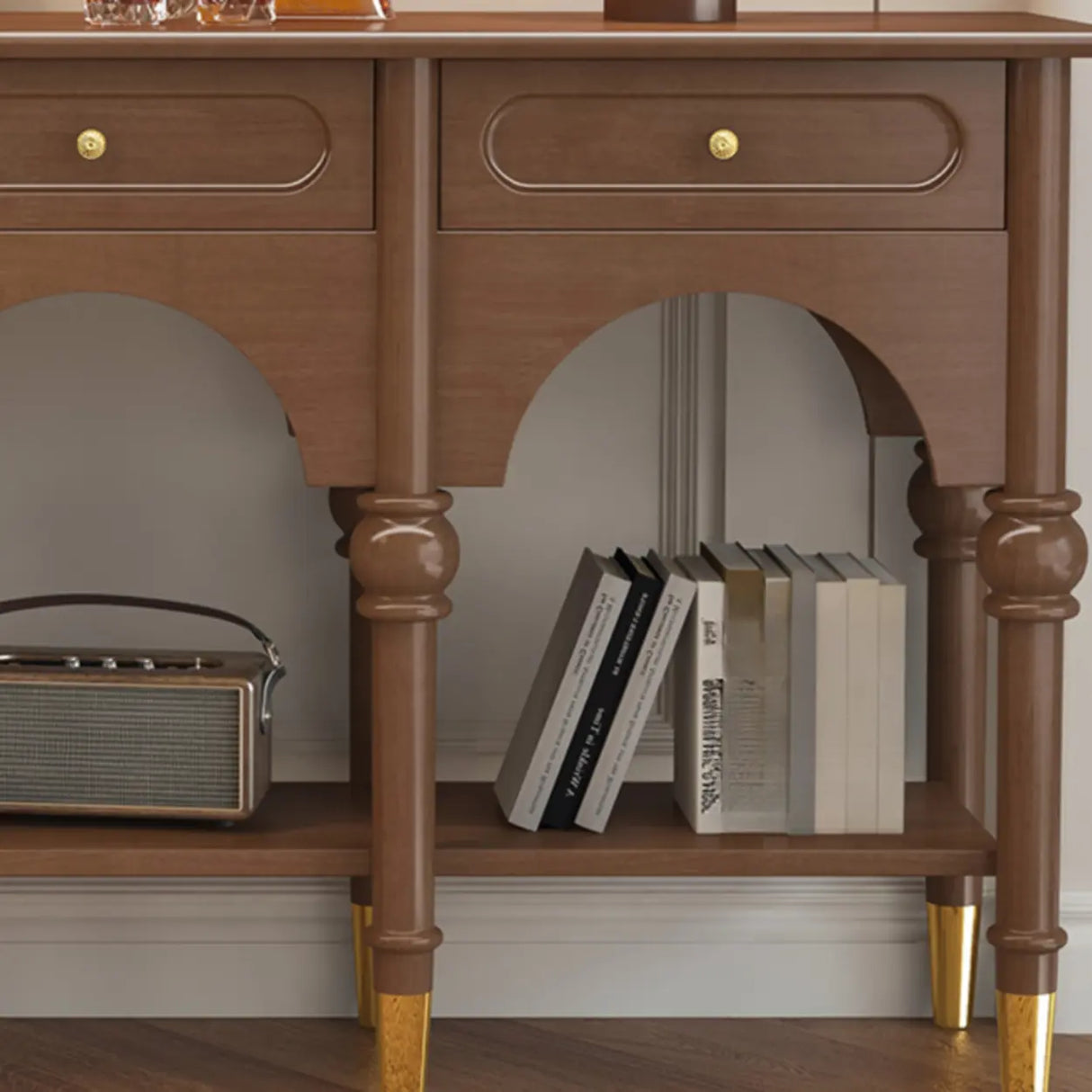 Nut-Brown Wood Foyer Storage Console Table with Shelves Image - 10