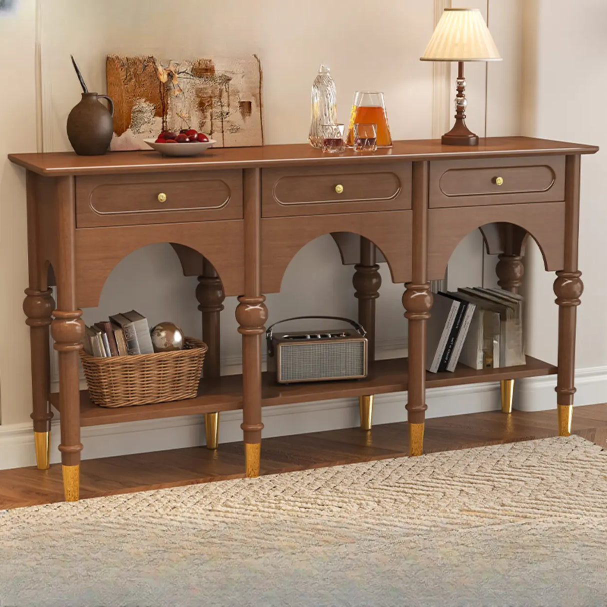 Nut-Brown Wood Foyer Storage Console Table with Shelves Image - 1