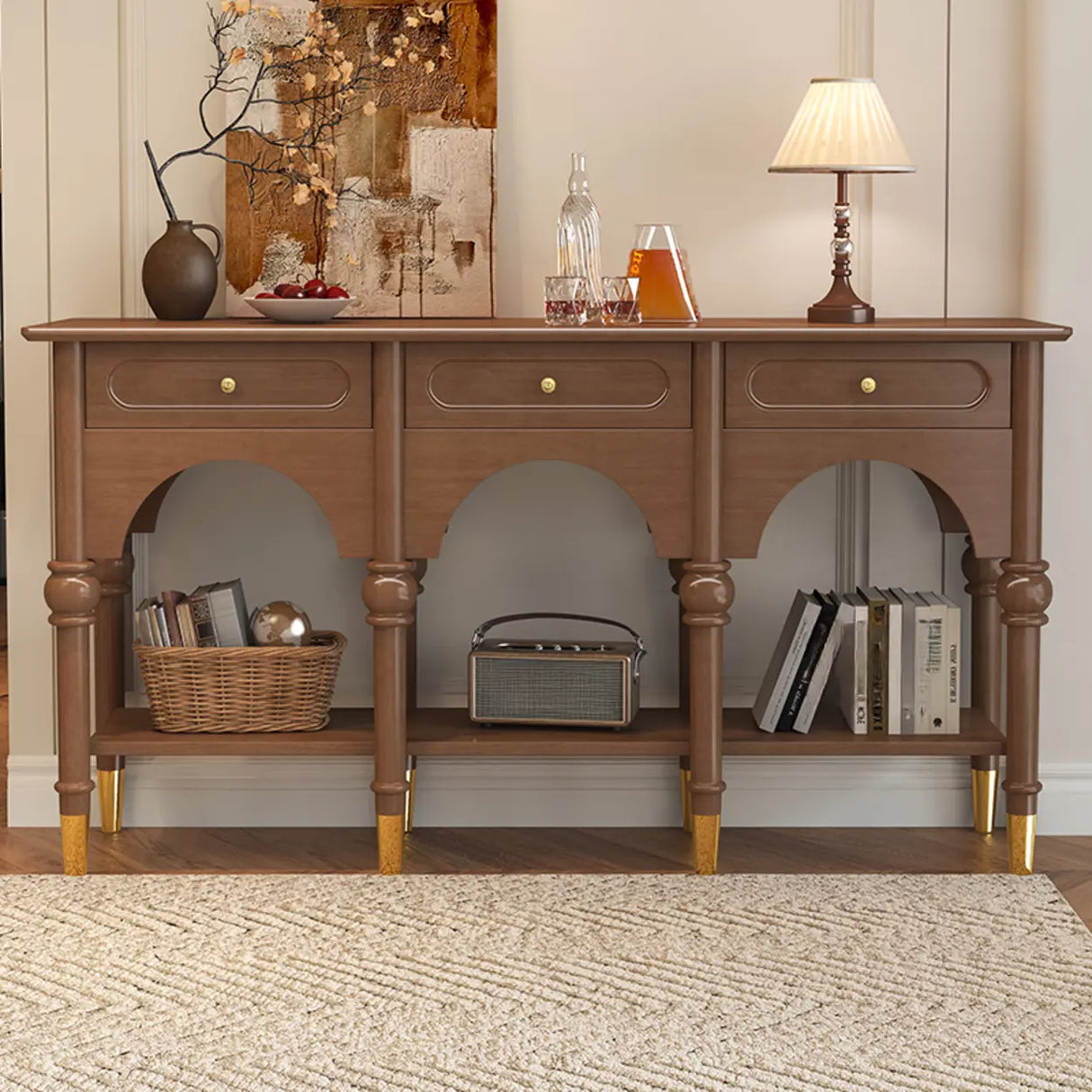 Nut-Brown Wood Foyer Storage Console Table with Shelves Image - 2