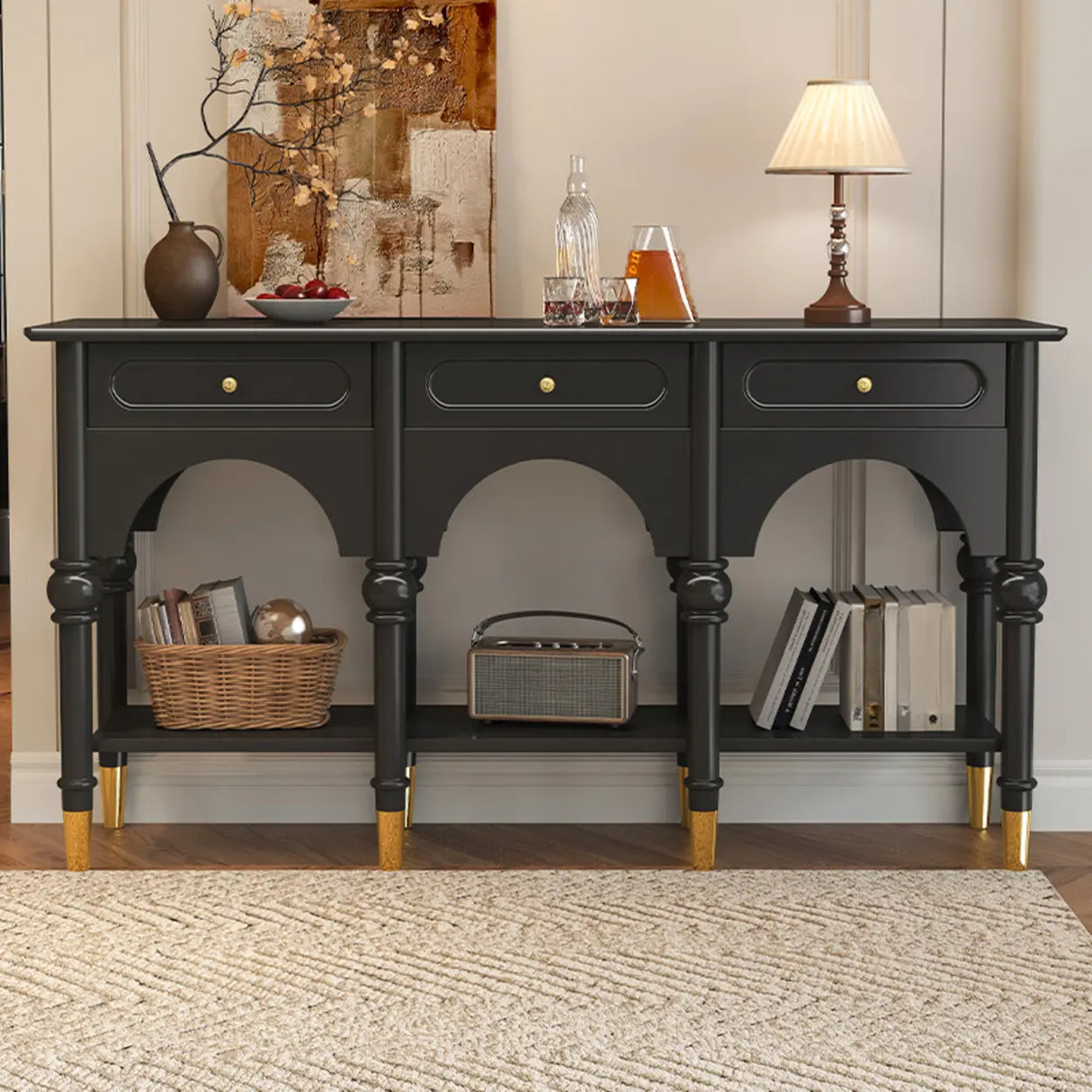 Nut-Brown Wood Foyer Storage Console Table with Shelves Image - 3