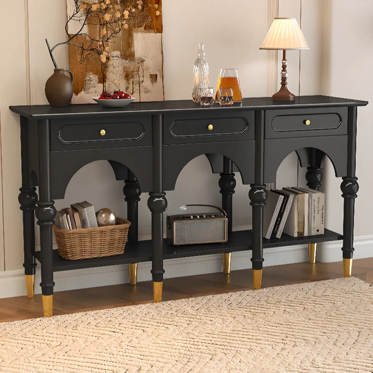 Nut-Brown Wood Foyer Storage Console Table with Shelves Image - 4