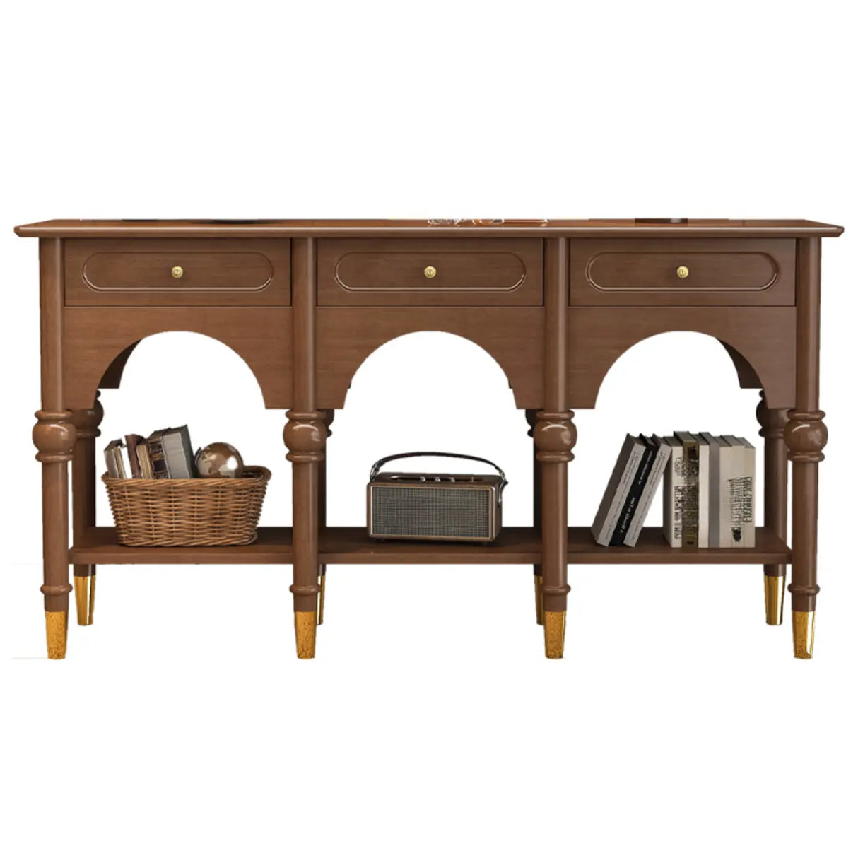 Nut-Brown Wood Foyer Storage Console Table with Shelves Image - 7