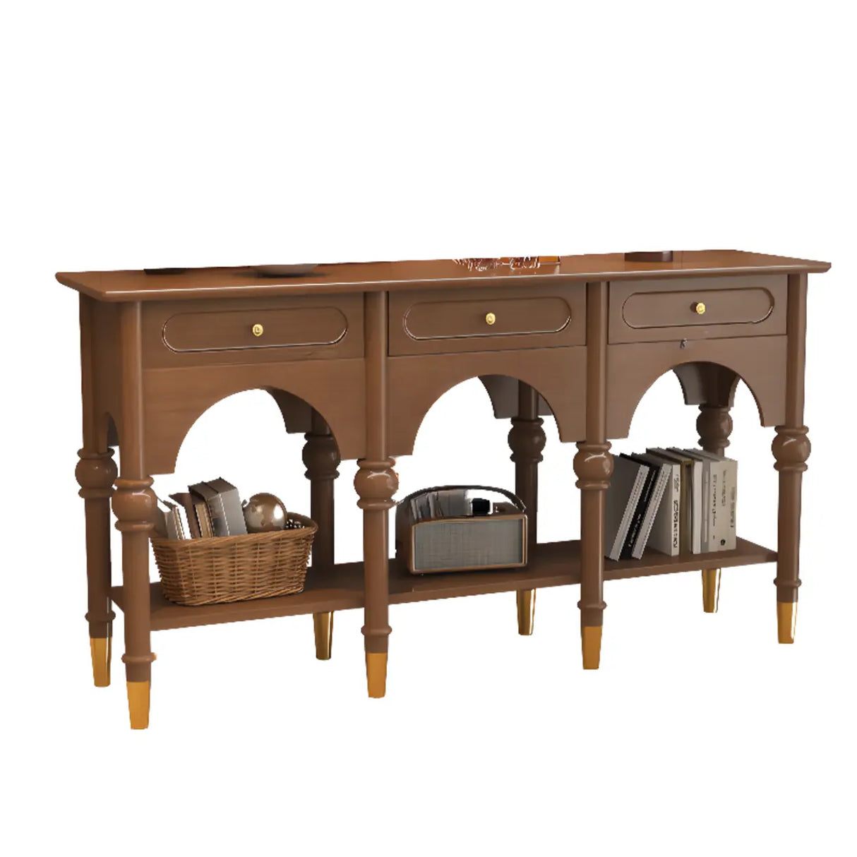Nut-Brown Wood Foyer Storage Console Table with Shelves Image - 8