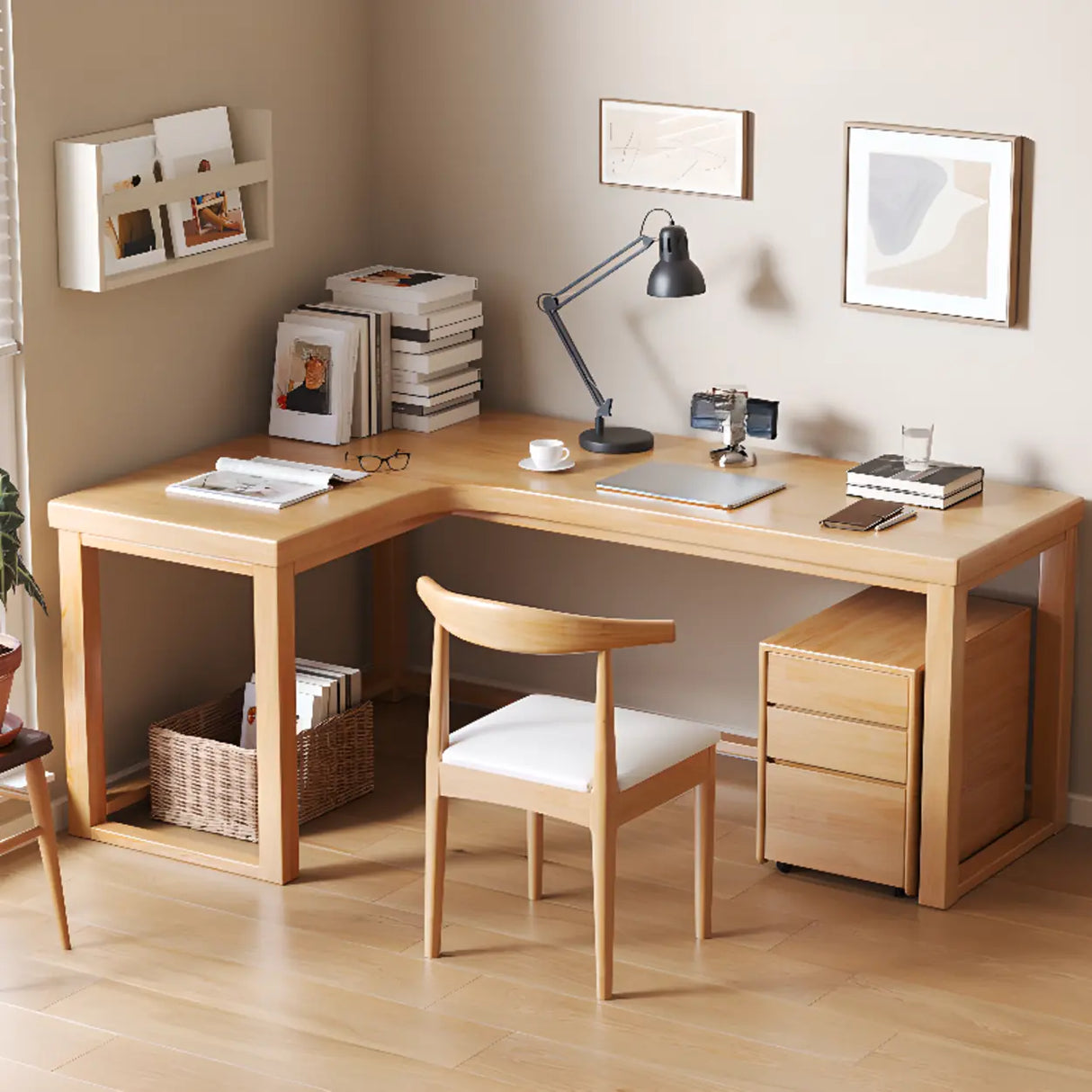 Nut-Brown Wood L-Shape Butcher Block Writing Desk Image - 4