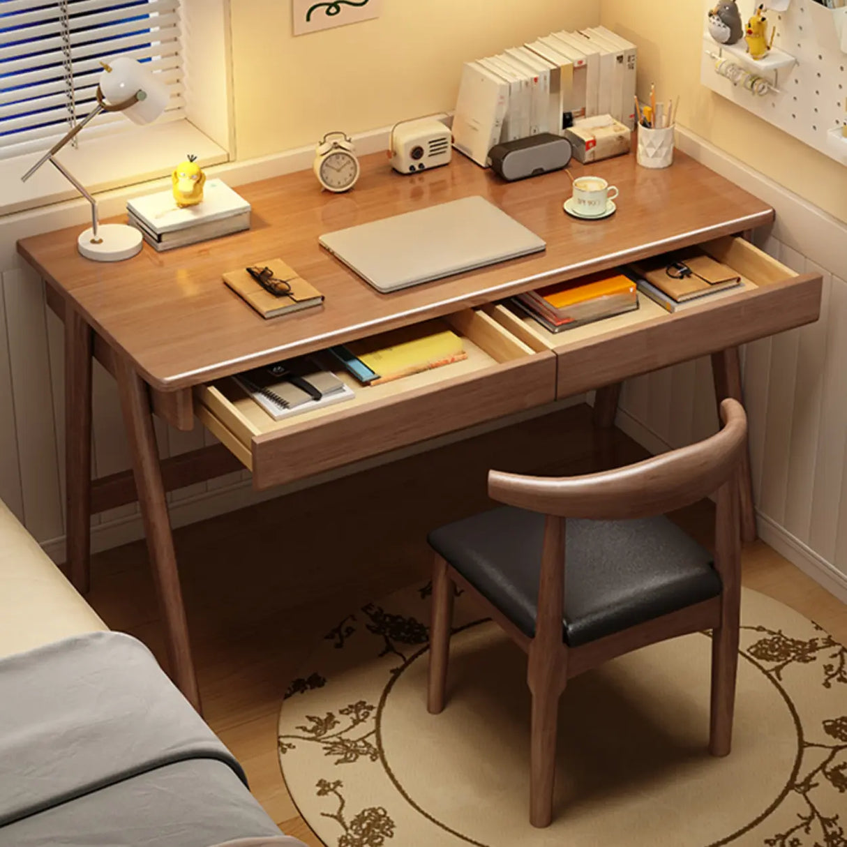 Nut-Brown Wooden Drawers Rectangular Computer Desk Image - 6