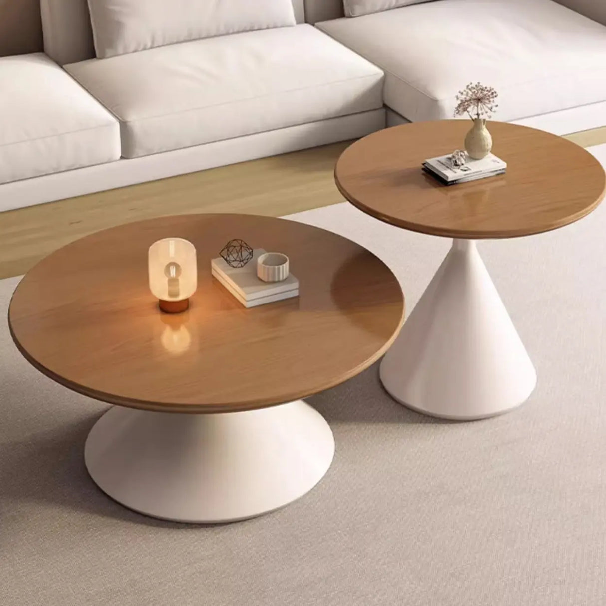 Oak Wood Orbicular Stone Nesting Small Coffee Table Image - 5