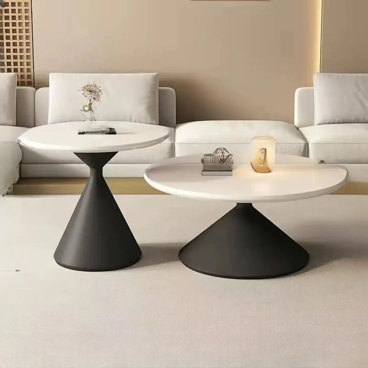 Oak Wood Orbicular Stone Nesting Small Coffee Table Image - 6