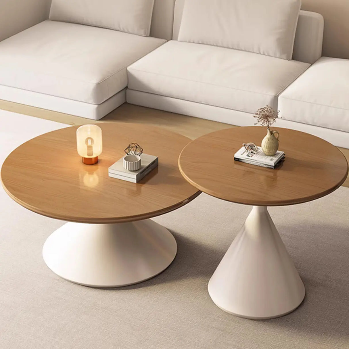 Oak Wood Orbicular Stone Nesting Small Coffee Table Image - 7