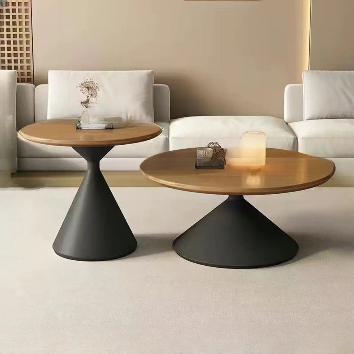 Oak Wood Orbicular Stone Nesting Small Coffee Table Image - 8