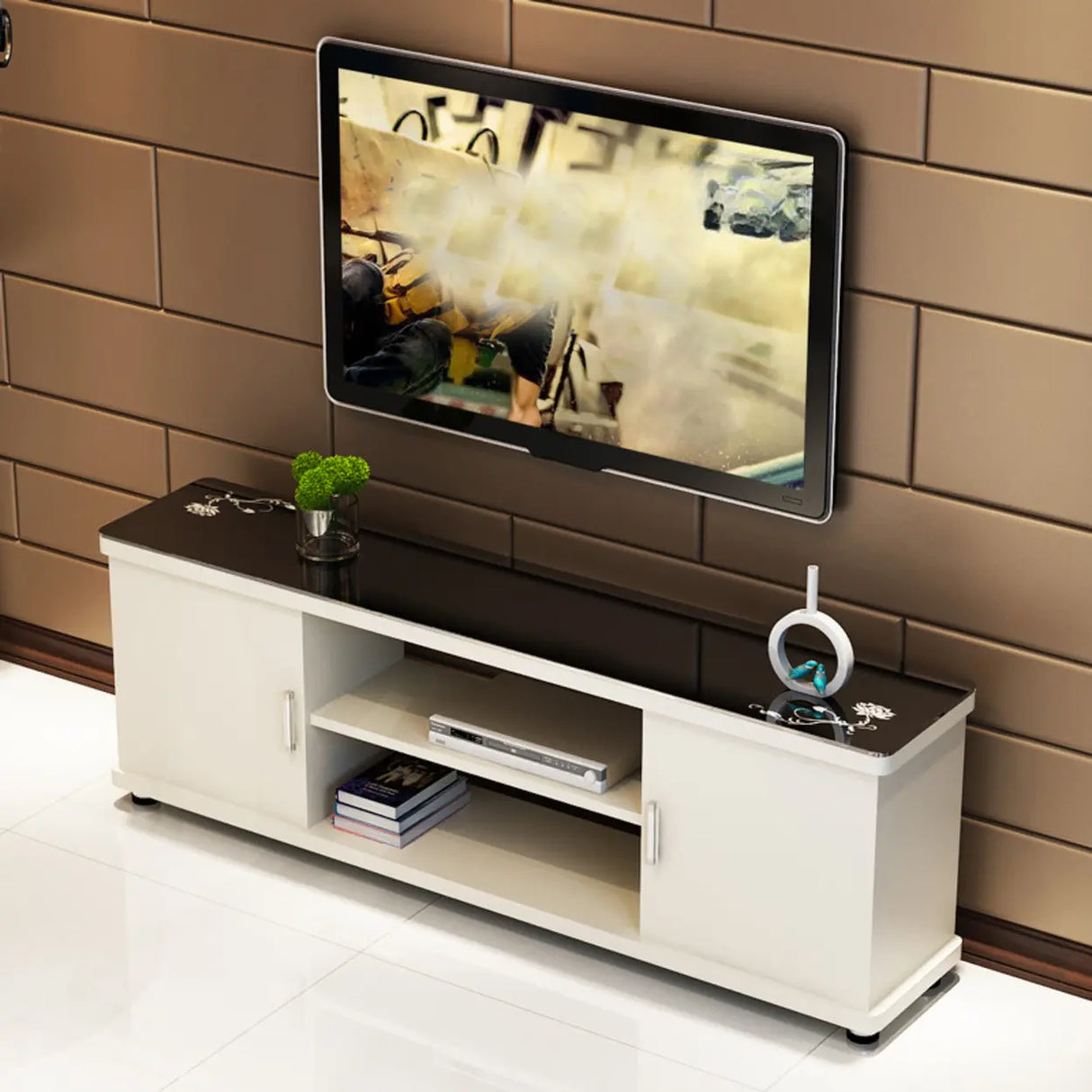 Off-White Artificial Wood Open Storage Cabinet TV Stand Image - 1