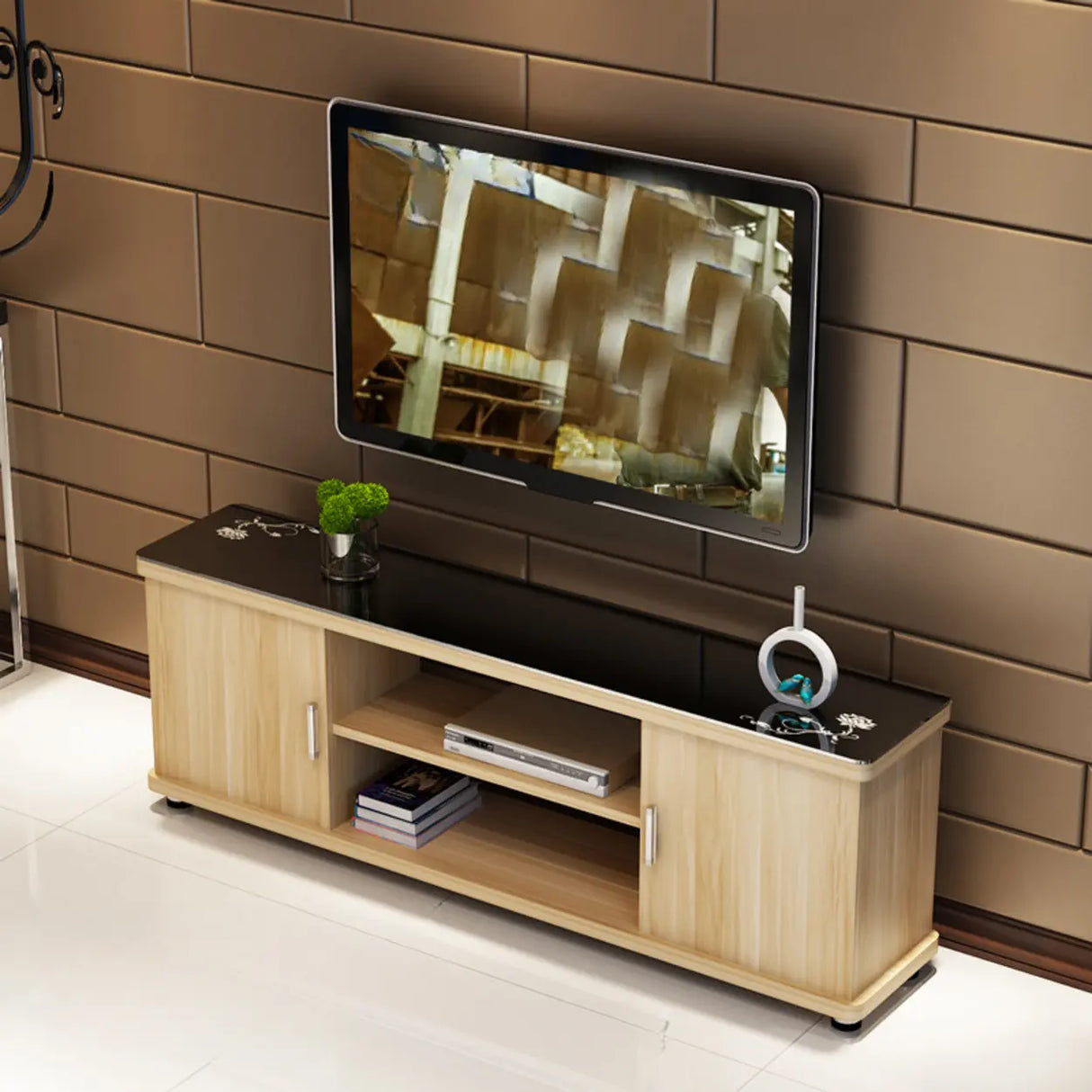 Off-White Artificial Wood Open Storage Cabinet TV Stand Image - 2