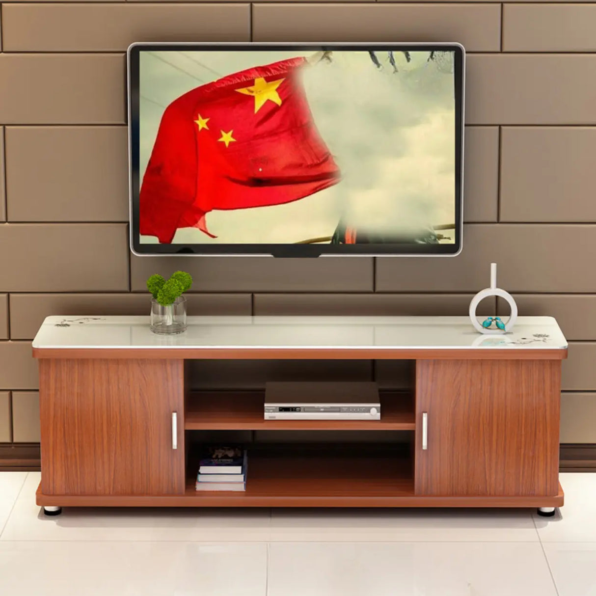 Off-White Artificial Wood Open Storage Cabinet TV Stand Image - 3