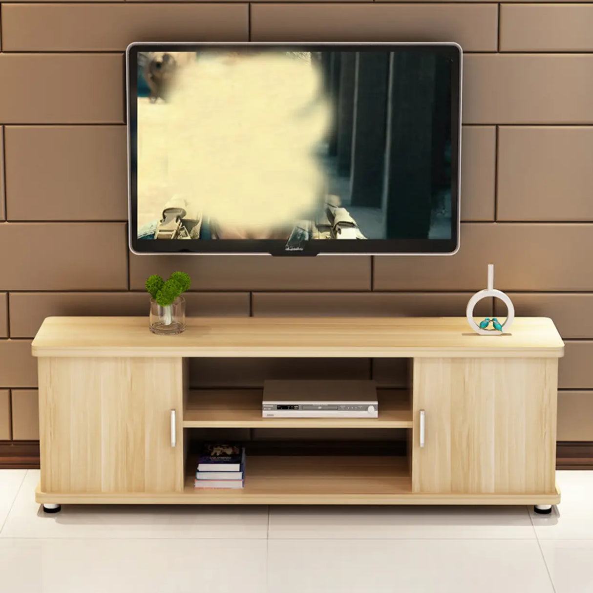 Off-White Artificial Wood Open Storage Cabinet TV Stand Image - 4