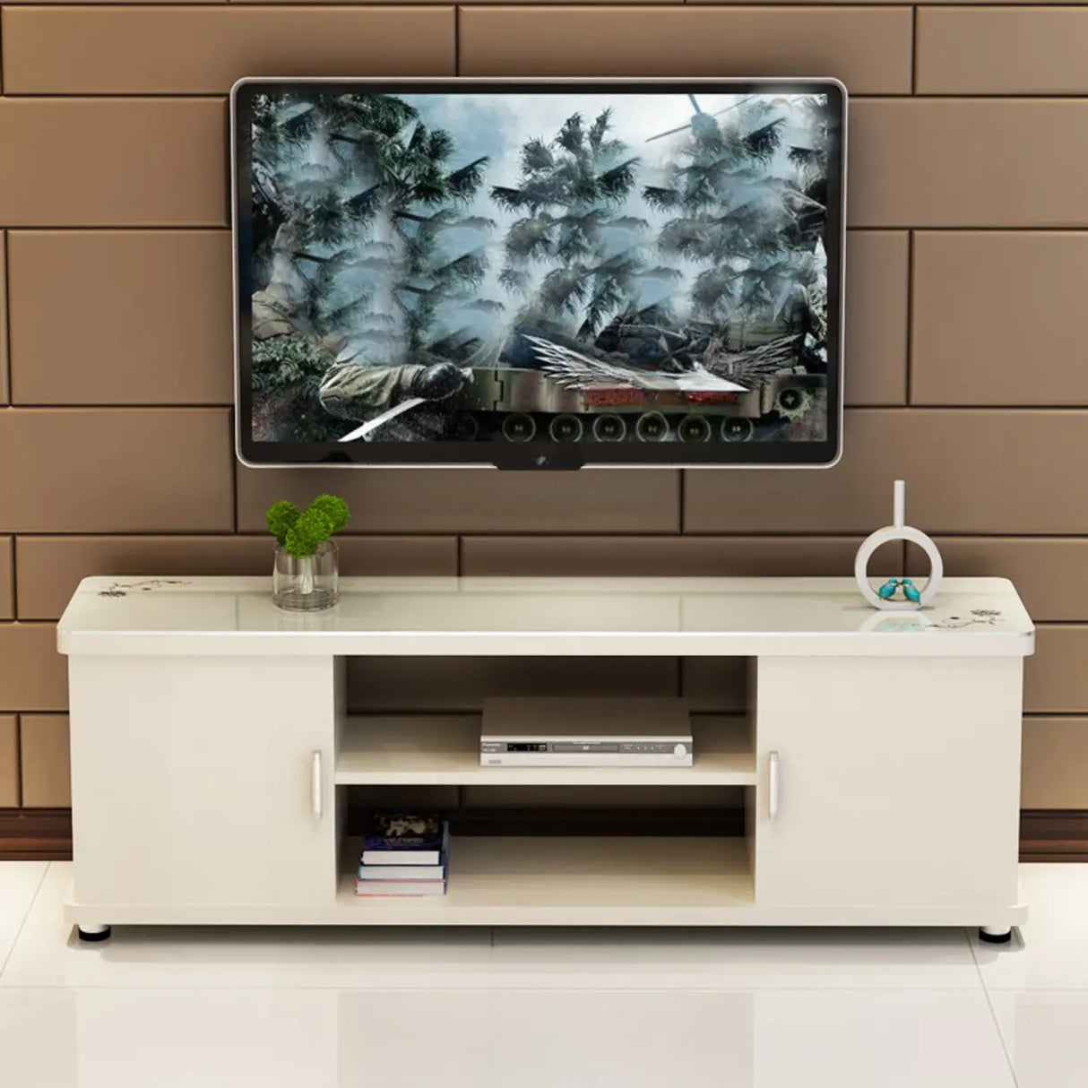 Off-White Artificial Wood Open Storage Cabinet TV Stand Image - 5