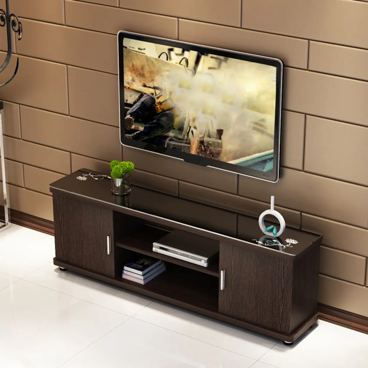 Off-White Artificial Wood Open Storage Cabinet TV Stand Image - 6