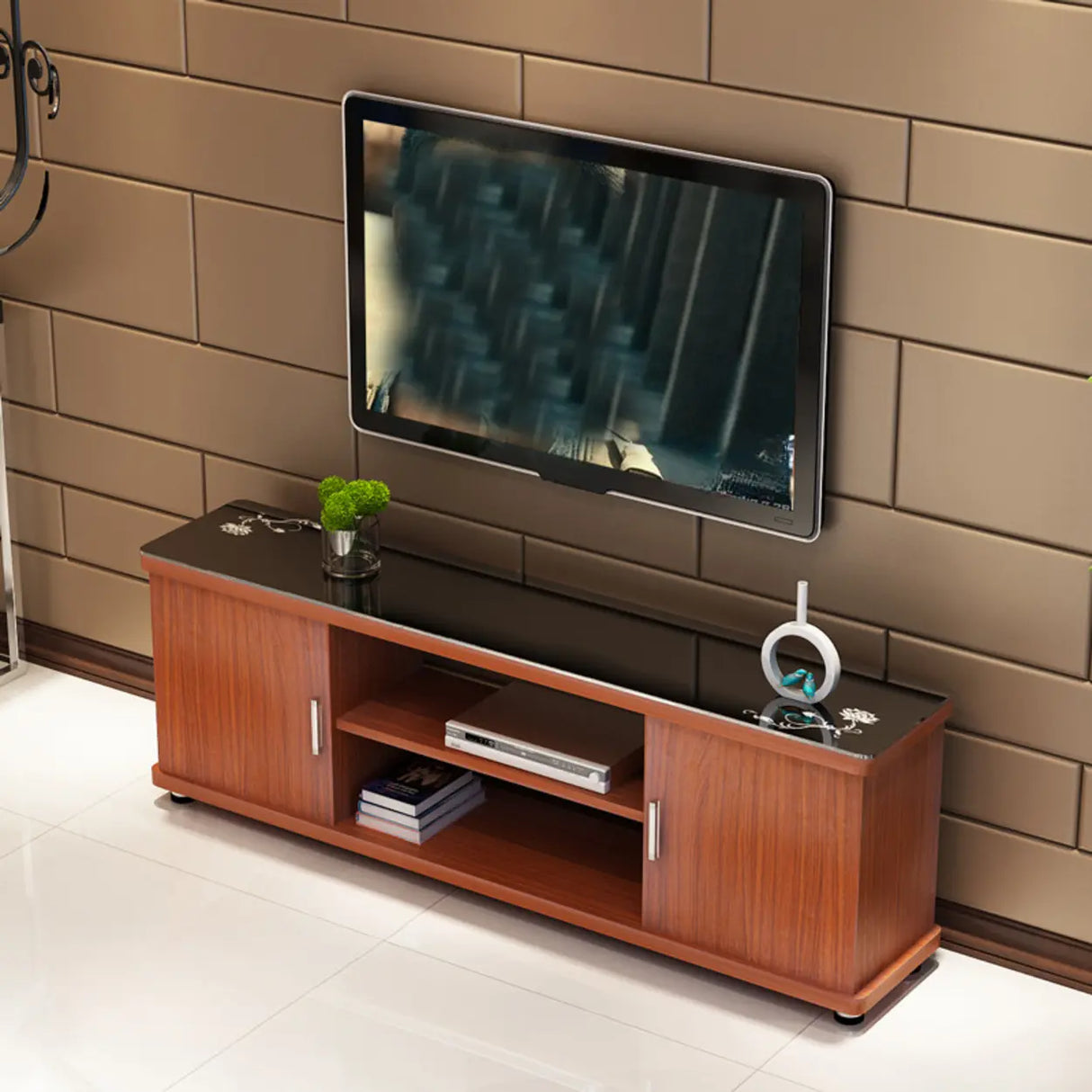 Off-White Artificial Wood Open Storage Cabinet TV Stand Image - 7