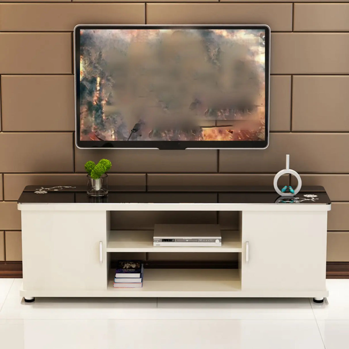 Off-White Artificial Wood Open Storage Cabinet TV Stand Image - 8