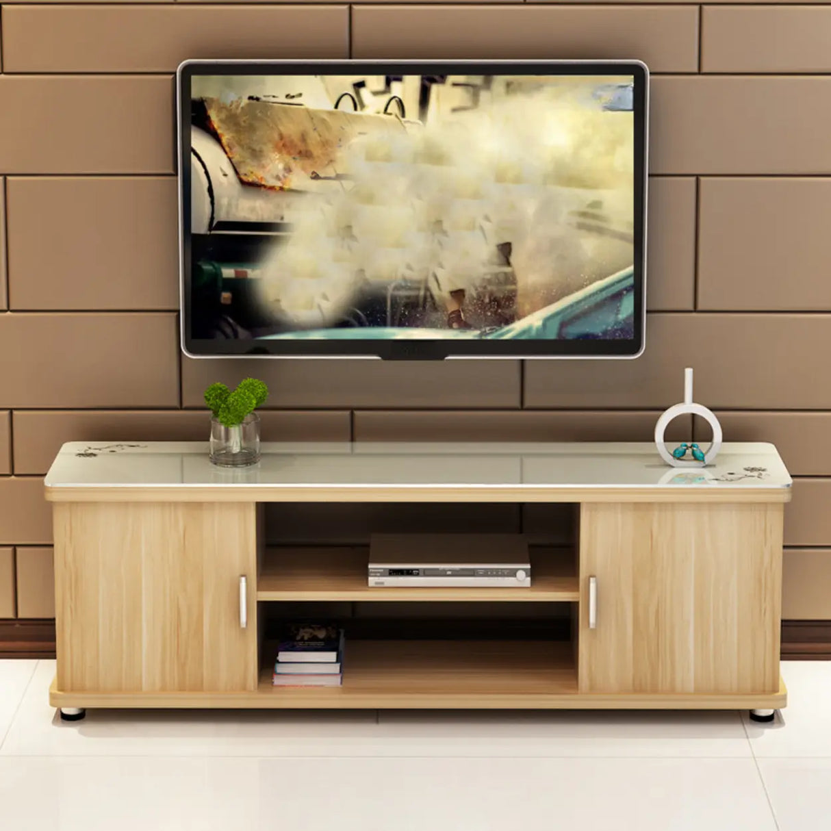 Off-White Artificial Wood Open Storage Cabinet TV Stand Image - 9