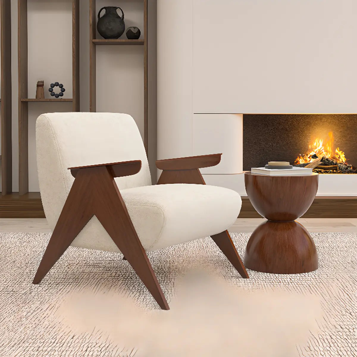 Off-White Chenille Fixed Back Wood Frame Accent Chair Image - 1