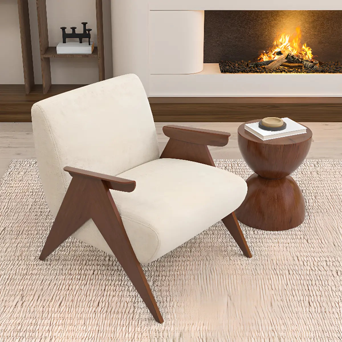 Off-White Chenille Fixed Back Wood Frame Accent Chair Image - 4