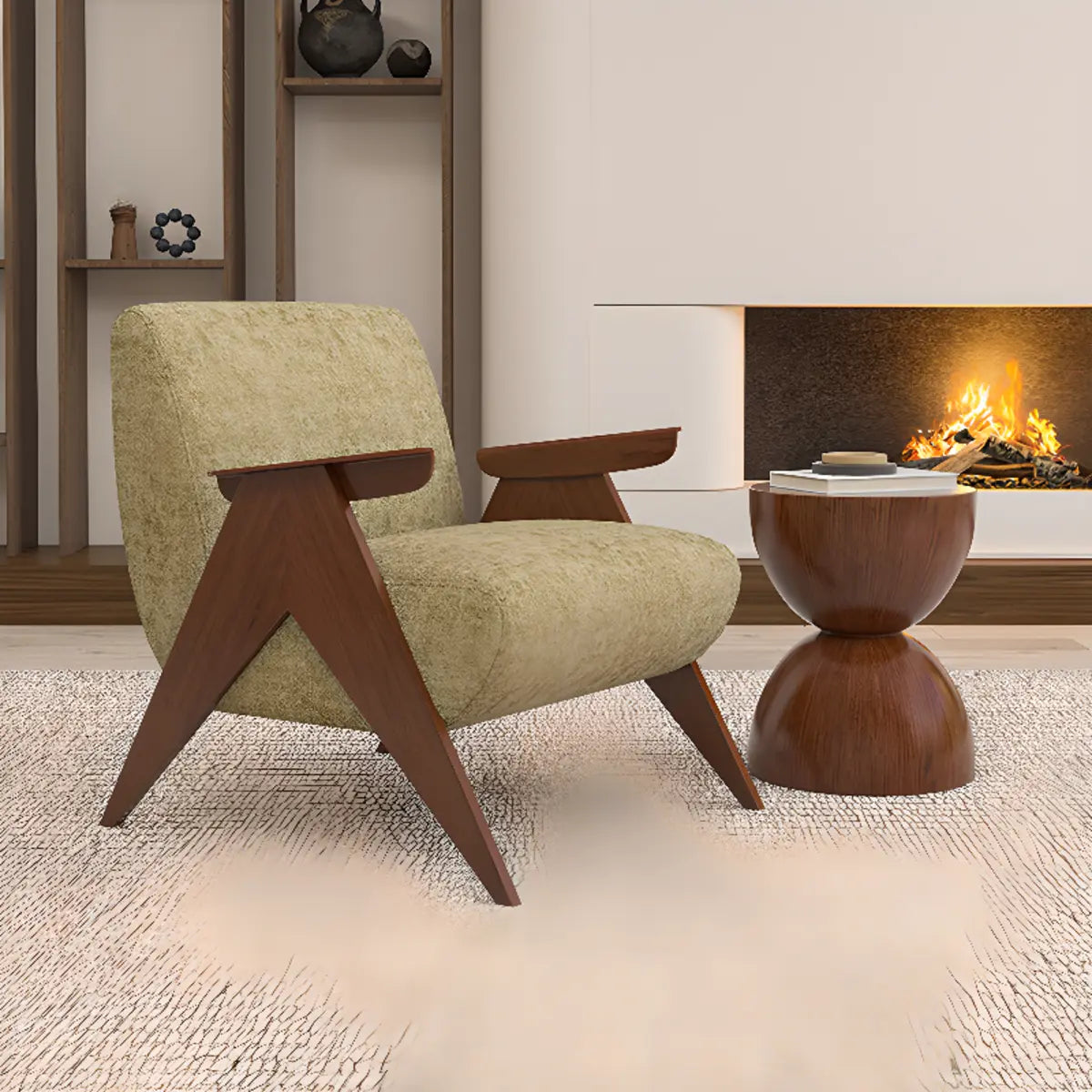 Off-White Chenille Fixed Back Wood Frame Accent Chair Image - 6