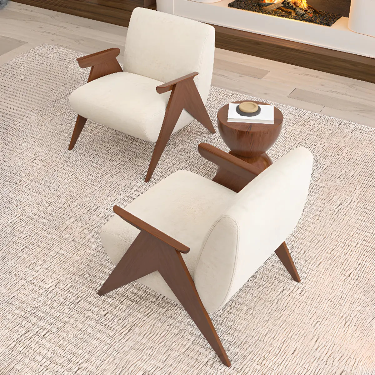 Off-White Chenille Fixed Back Wood Frame Accent Chair Image - 8