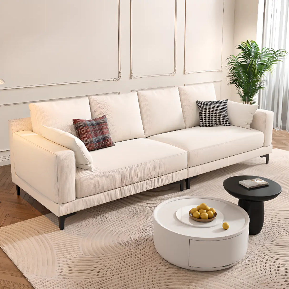 Off-White Cotton Linen Square Arm Pillow Back Sofa Image - 1