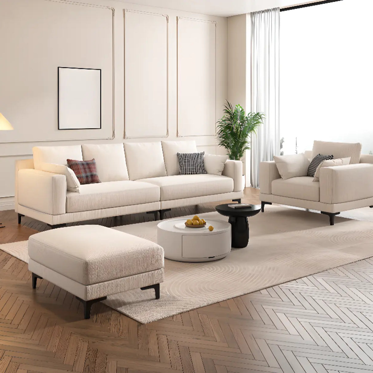 Off-White Cotton Linen Square Arm Pillow Back Sofa Image - 2