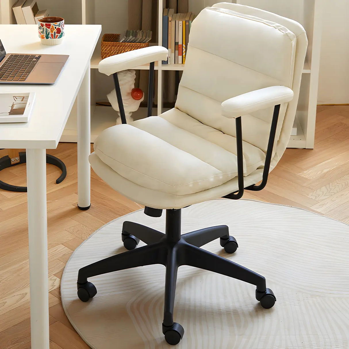 Off-White Ergonomic Modern Swivel PU Leather Office Chair Image - 7