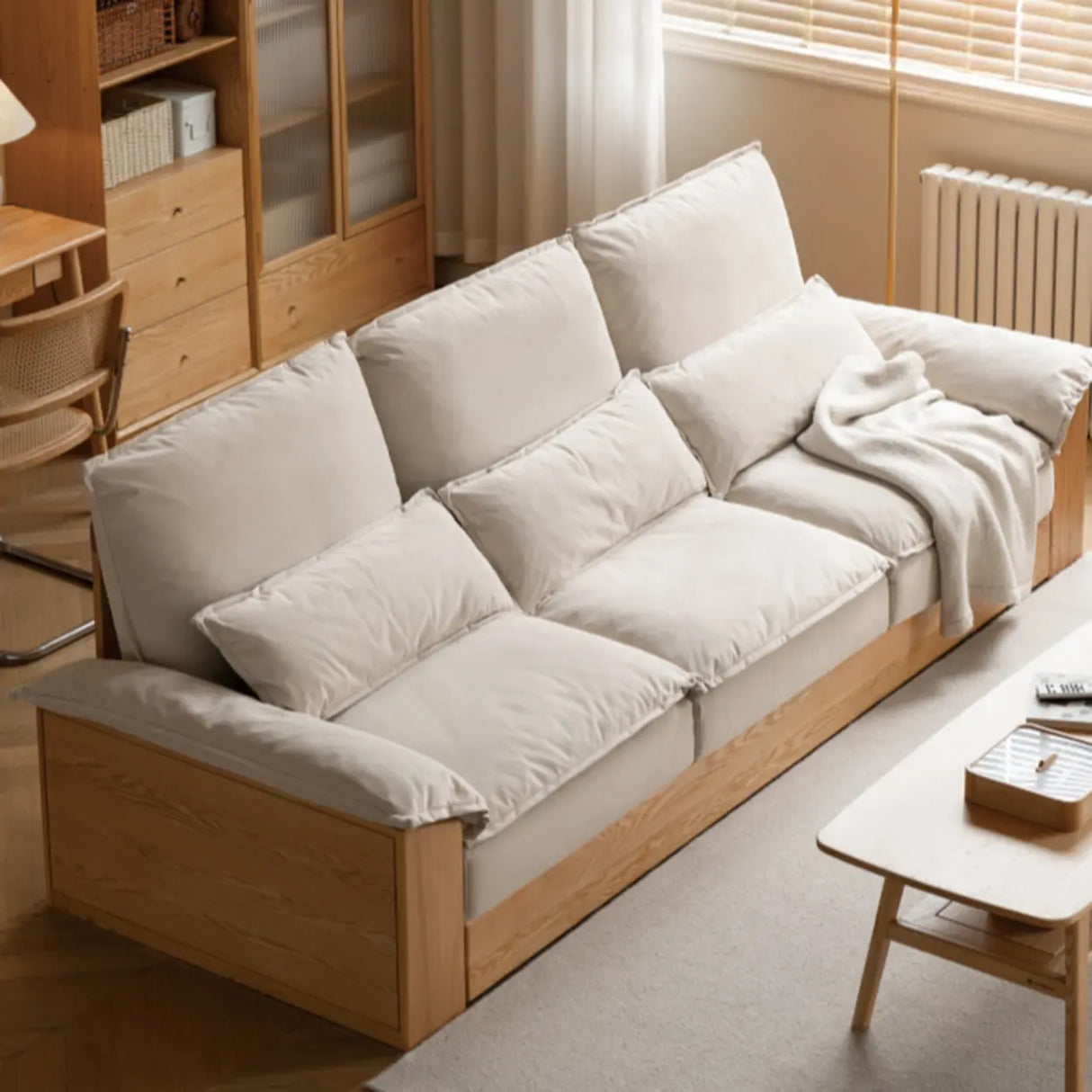 Off-White Faux Cotton Linen Wood Frame Extra Long Sofa Image - 1