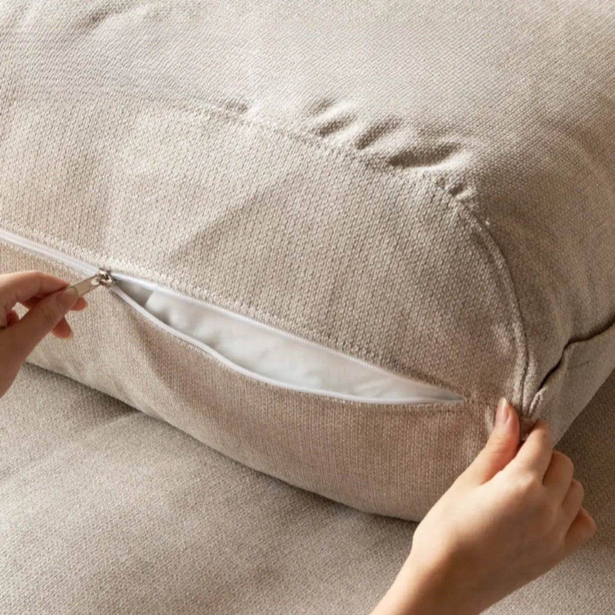 Off-White Faux Cotton Linen Wood Frame Extra Long Sofa Image - 9