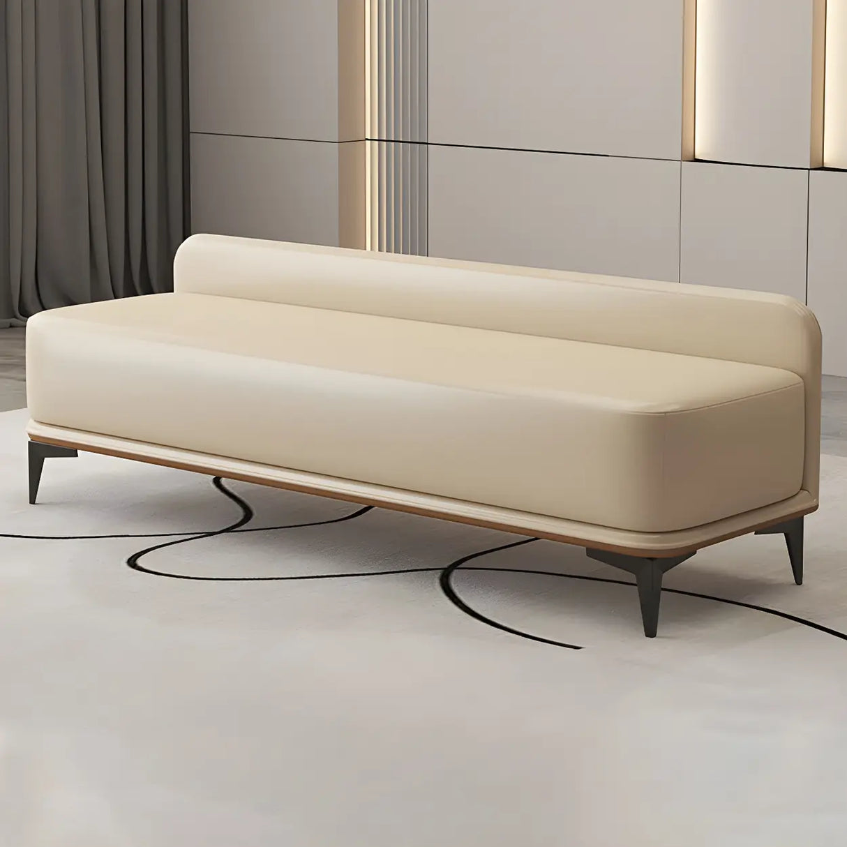 Off-White Faux Leather Cushioned Bedroom Bench with Leg Image - 3
