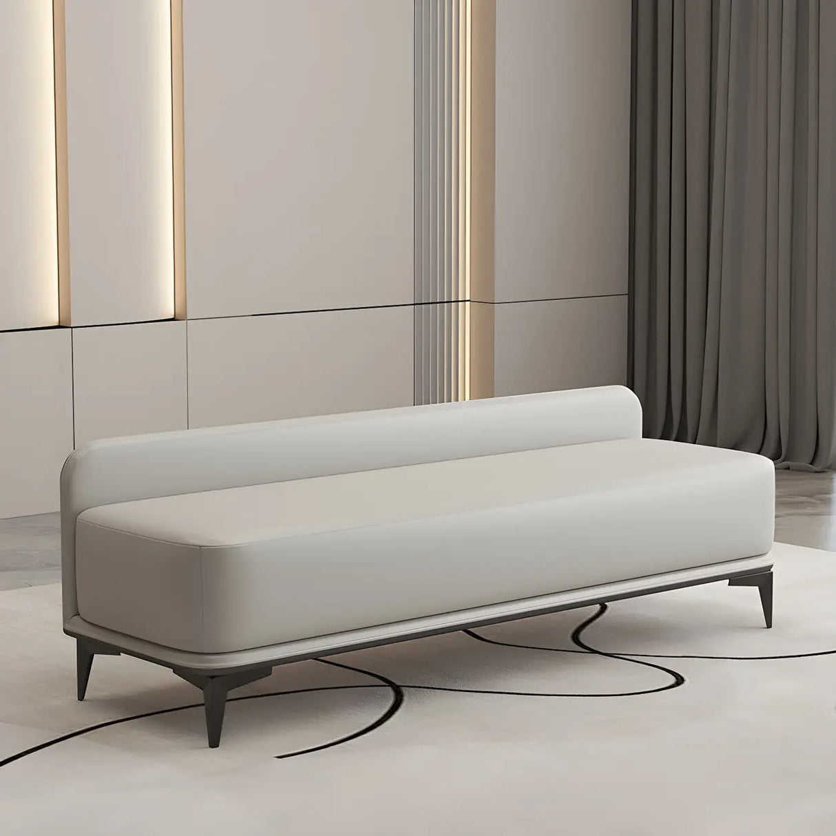 Off-White Faux Leather Cushioned Bedroom Bench with Leg Image - 4