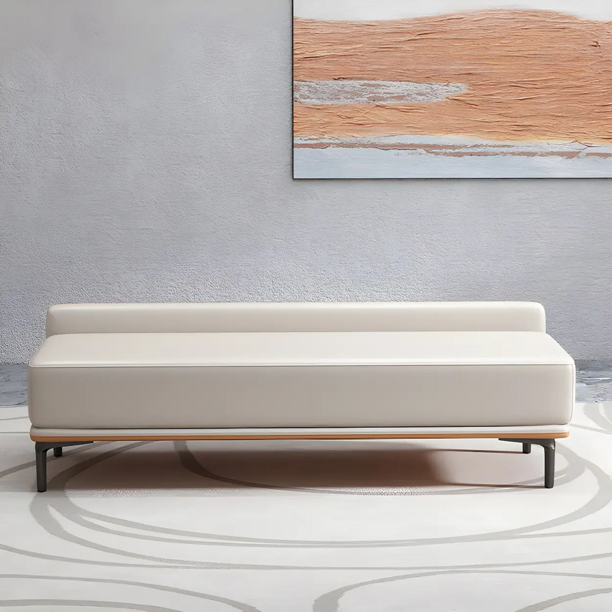 Off-White Faux Leather Cushioned Bedroom Bench with Leg Image - 5