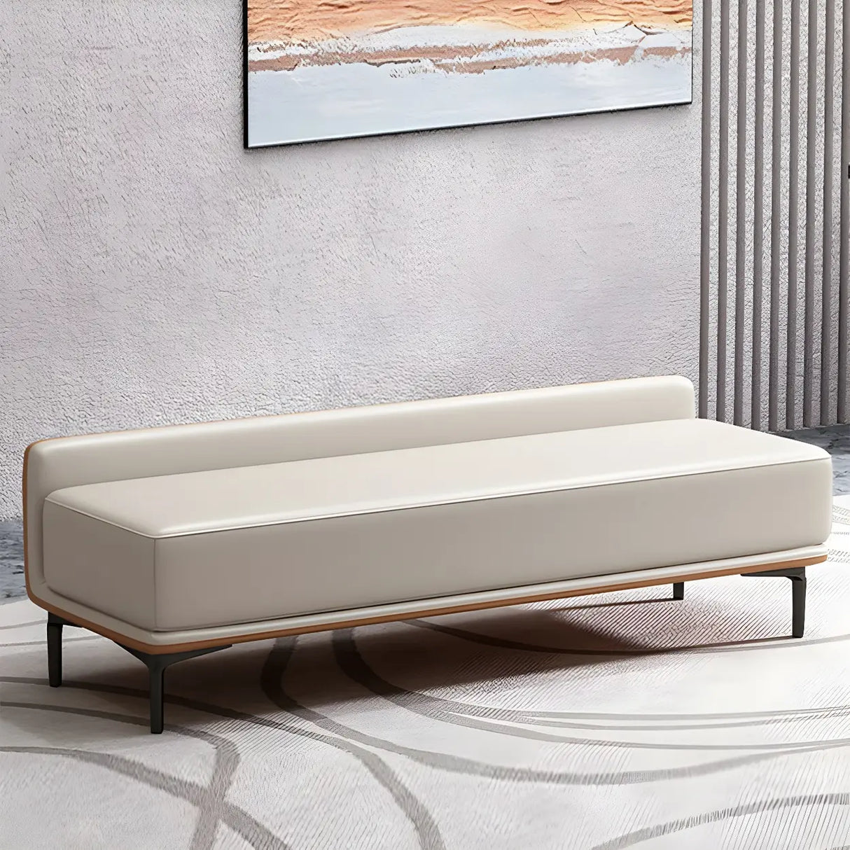 Off-White Faux Leather Cushioned Bedroom Bench with Leg Image - 6