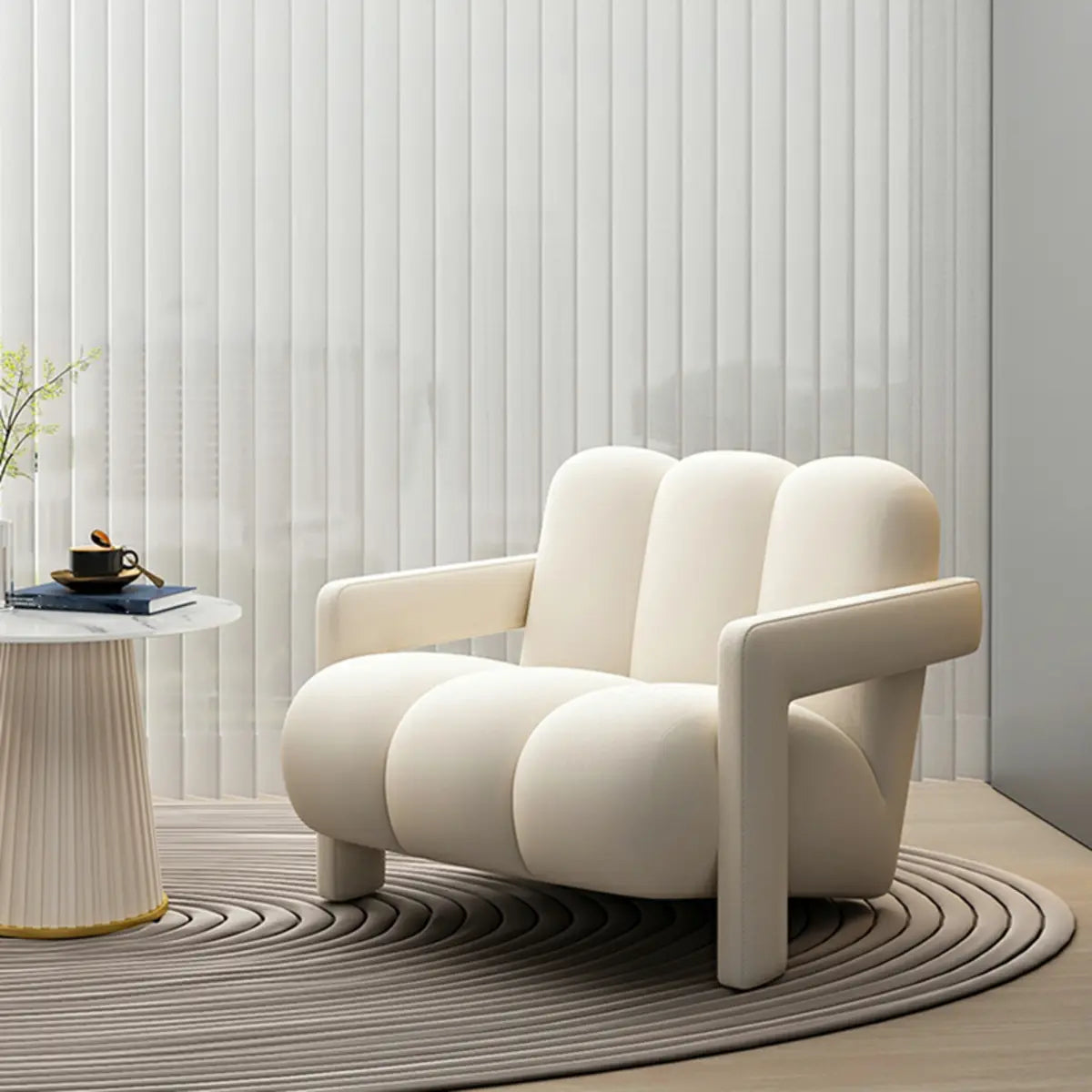 Off-White Frosted Velvet Mid-Back Fixed Back Arm Chair Image - 4