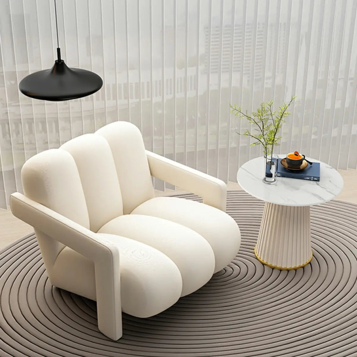 Off-White Frosted Velvet Mid-Back Fixed Back Arm Chair Image - 6