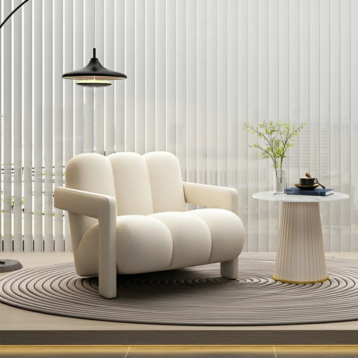 Off-White Frosted Velvet Mid-Back Fixed Back Arm Chair Image - 8