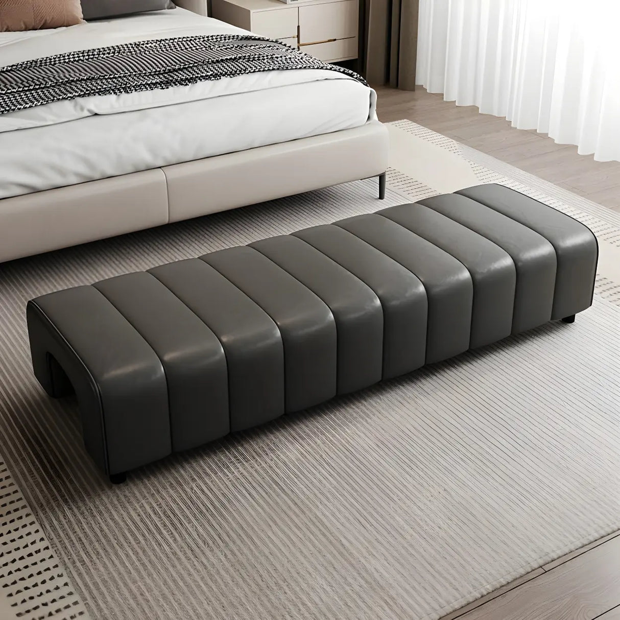 Off-White Genuine Leather Upholstered Bedroom Bench Image - 11